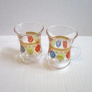 *Vintage Single Handles Shot Glasses with Blue Red Gold Stenciled Design